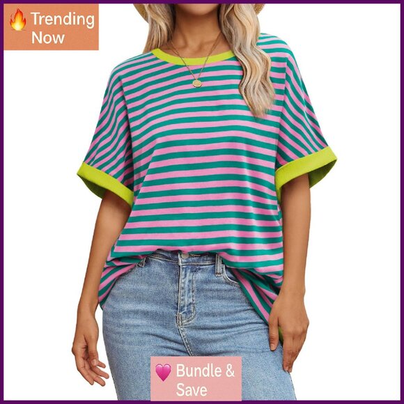 Oversized Cotton T-Shirt Loose Fit Casual Crew Neck Rolled Sleeves - Picture 1 of 8